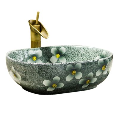 Xumh2024-3 Ceramic Vessel Sink, 18.9" x 15.3" Oval Bathroom Sink with Floral Pattern, Color A