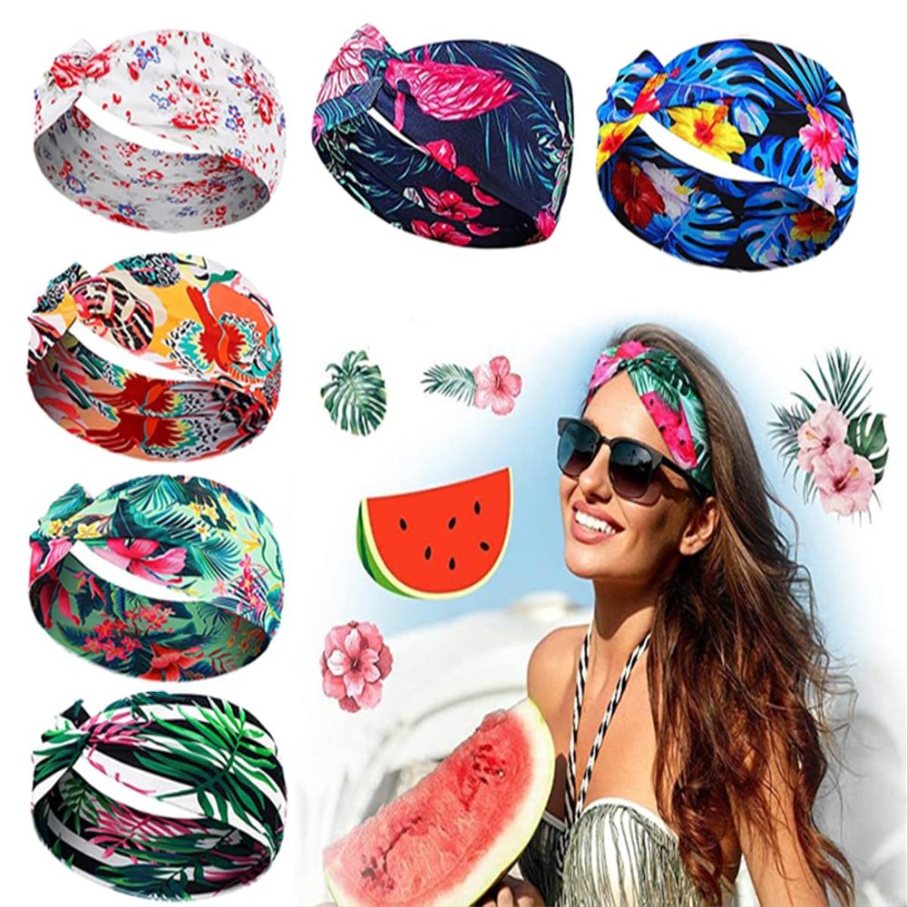 6 Wide Headbands for Women, Hawaiian Beach, Boho Retro, Yoga and Sports