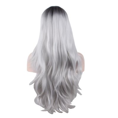 Long Wavy Ombre Synthetic Wig for Women, Black Gray
