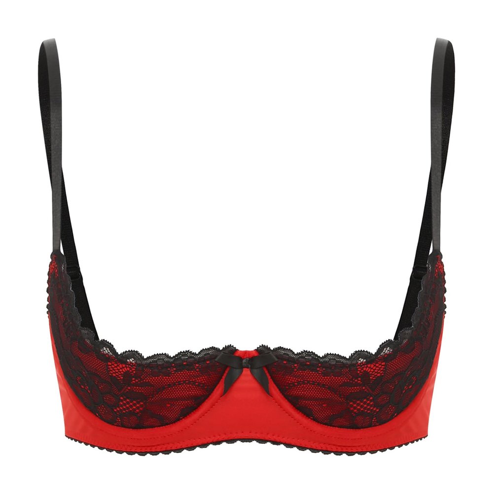 Sywiyi Women's Open-Bust Push-Up Underwire Lace Bra, Red, 5XL