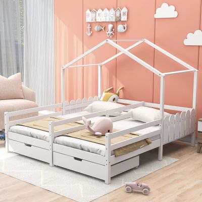 90x200 cm House Bed with Roof Frame for 2 Children, White Pine Bed with 2 Drawers, Guardrail and Slatted Base