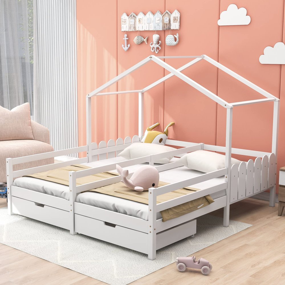 90x200 cm House Bed with Roof Frame for 2 Children, White Pine Bed with 2 Drawers, Guardrail and Slatted Base