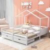 90x200 cm House Bed with Roof Frame for 2 Children, White Pine Bed with 2 Drawers, Guardrail and Slatted Base view 1