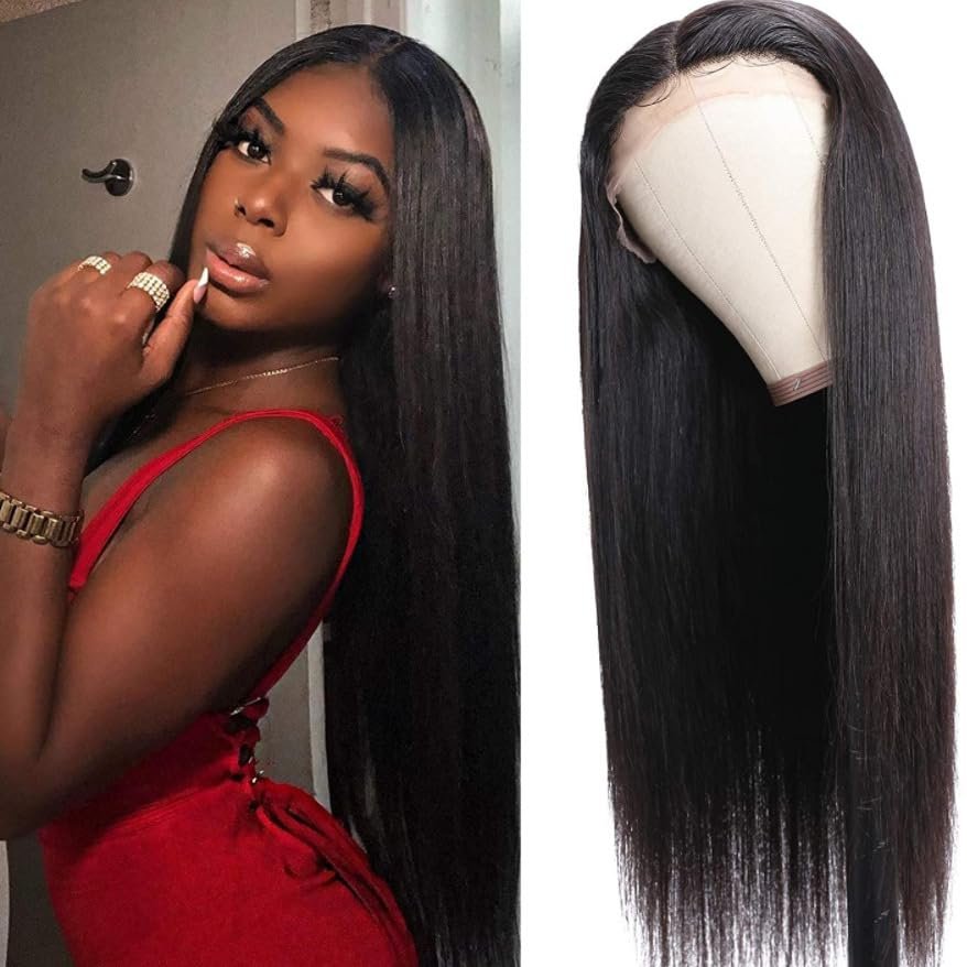 13x4 Lace Front Wig, Long Straight Human Hair, Handcrafted, 22 in, Black