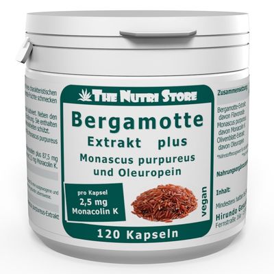Bergamot Extract with Monascus and Oleuropein Vegan Capsules, 120 Count, with 2.5 mg Monacolin K