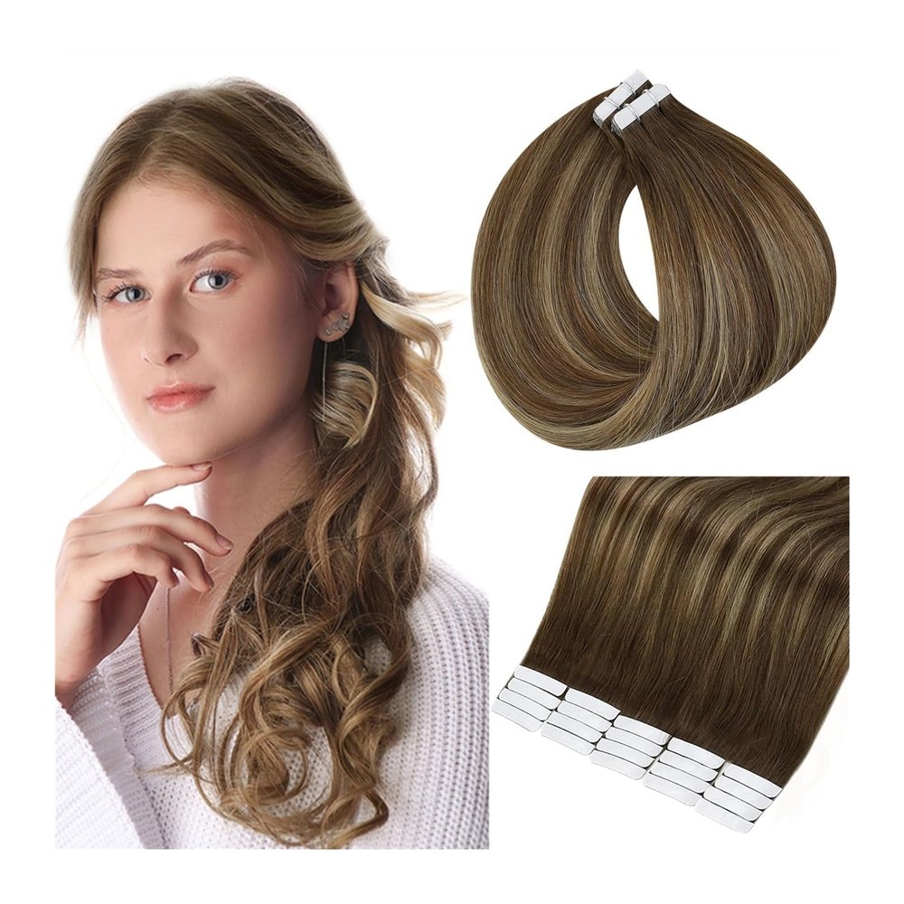 Tape-In Human Hair Extensions, 20 Pieces, Color 4 Medium Brown to Honey Blonde and Brown