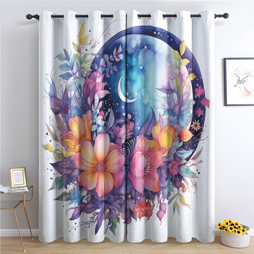 Floral Blackout Curtains for Girls, Eyelet Thermal Curtains, 2-Piece Set, 63 x 55 in