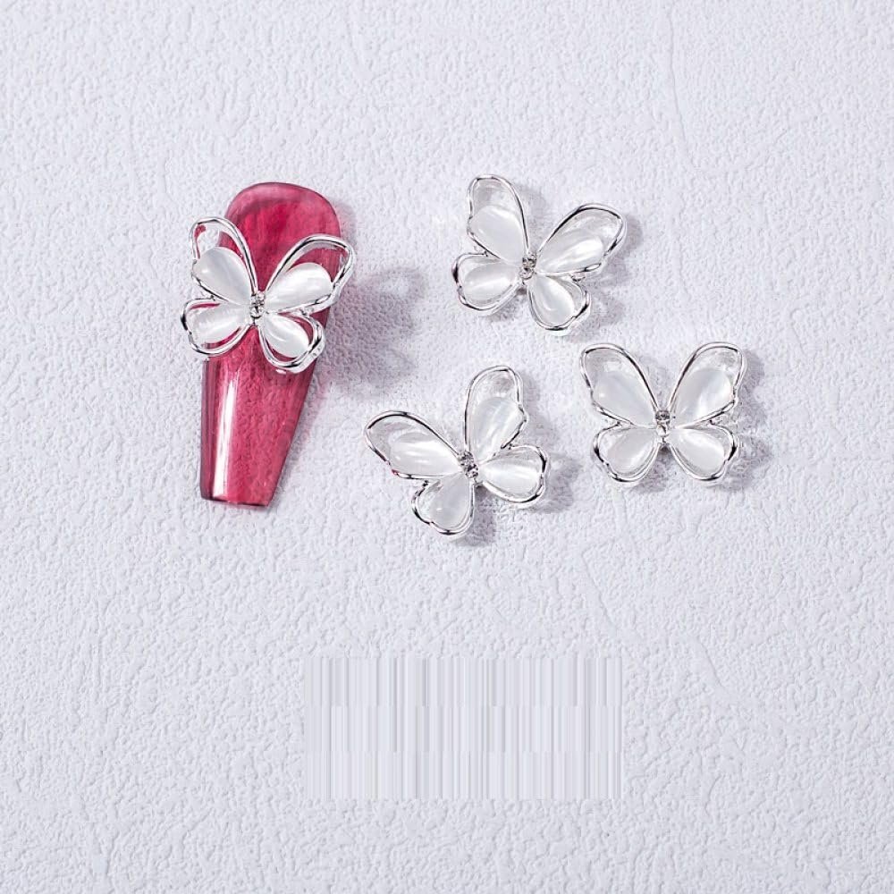 qbodp 20 Silver Butterfly Nail Charms, Opal Hollow Butterfly Nail Art Decorations