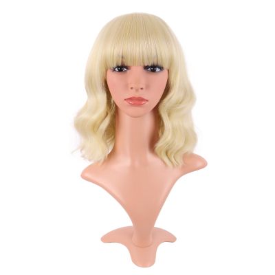 MapofBeauty 35 cm Short Curly Flat-Bang Bob Wig, Mixed Gold