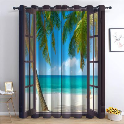 CozyRest Blackout Curtains with Grommets, Beach, Palm Trees and Sea Pattern, 160 x 70 cm, Set of 2