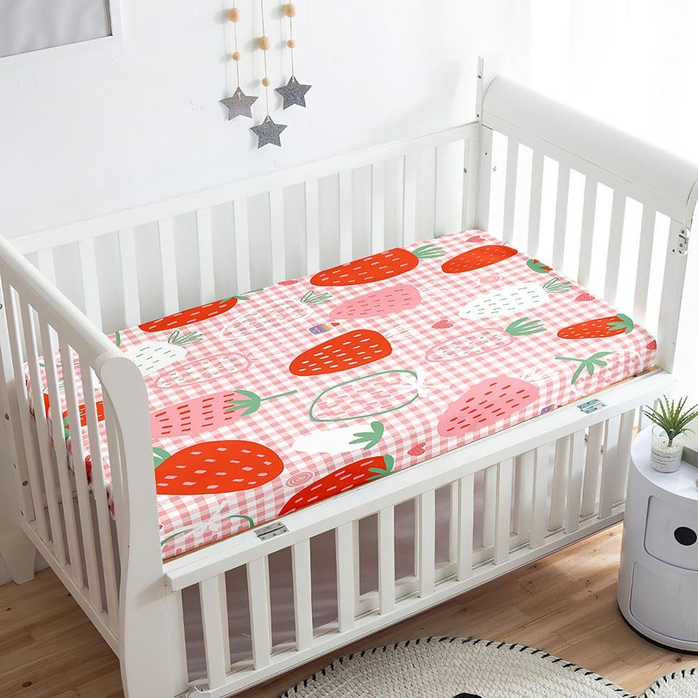 Treer Baby Fitted Sheet with Elastic, Strawberry, 1.85 x 51 x 10 cm