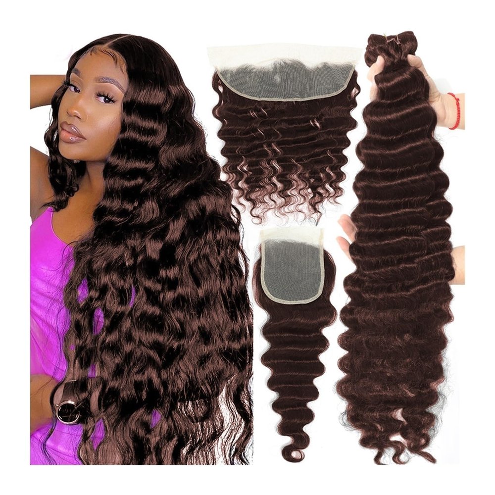 Brazilian Remy Human Hair Deep Wave Bundles with 6x6 Lace Closure, 3/4 Bundles, Brown #4, 12/14/16/18 in