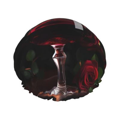 Red Wine Rose and Candle Print Shower Cap for Long Hair