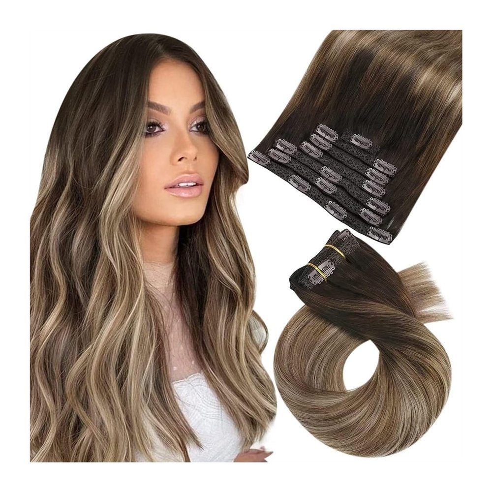 Clip-In Human Hair Extensions, Balayage Dark Brown to Brown with Blonde Blend