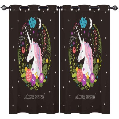 ANHOPE Unicorn Flower Moon Stars Blackout Curtains, 2-Piece Set, 63 x 52 in