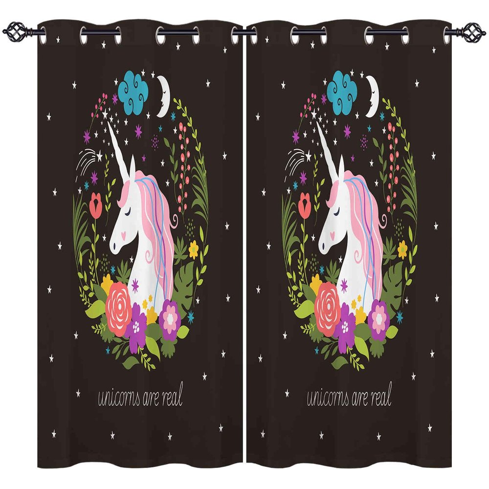 ANHOPE Unicorn Flower Moon Stars Blackout Curtains, 2-Piece Set, 63 x 52 in