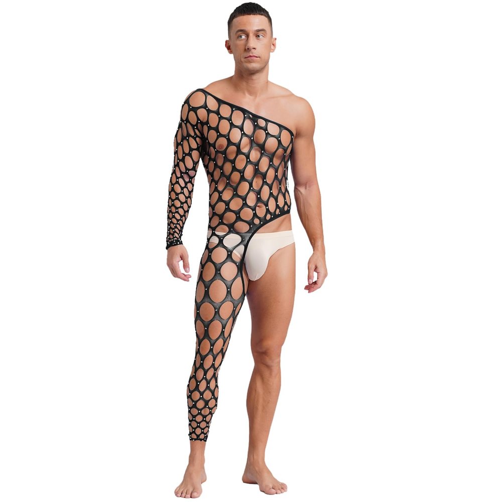 dPois Men's Fishnet Bodystocking Jumpsuit with Rhinestones, Black, One Size