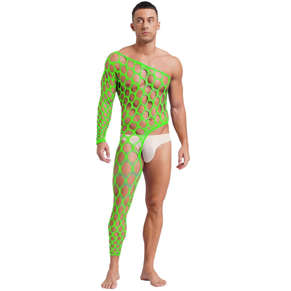 dPois Men's Fishnet Bodysuit with Rhinestones, Neon Green, One Size