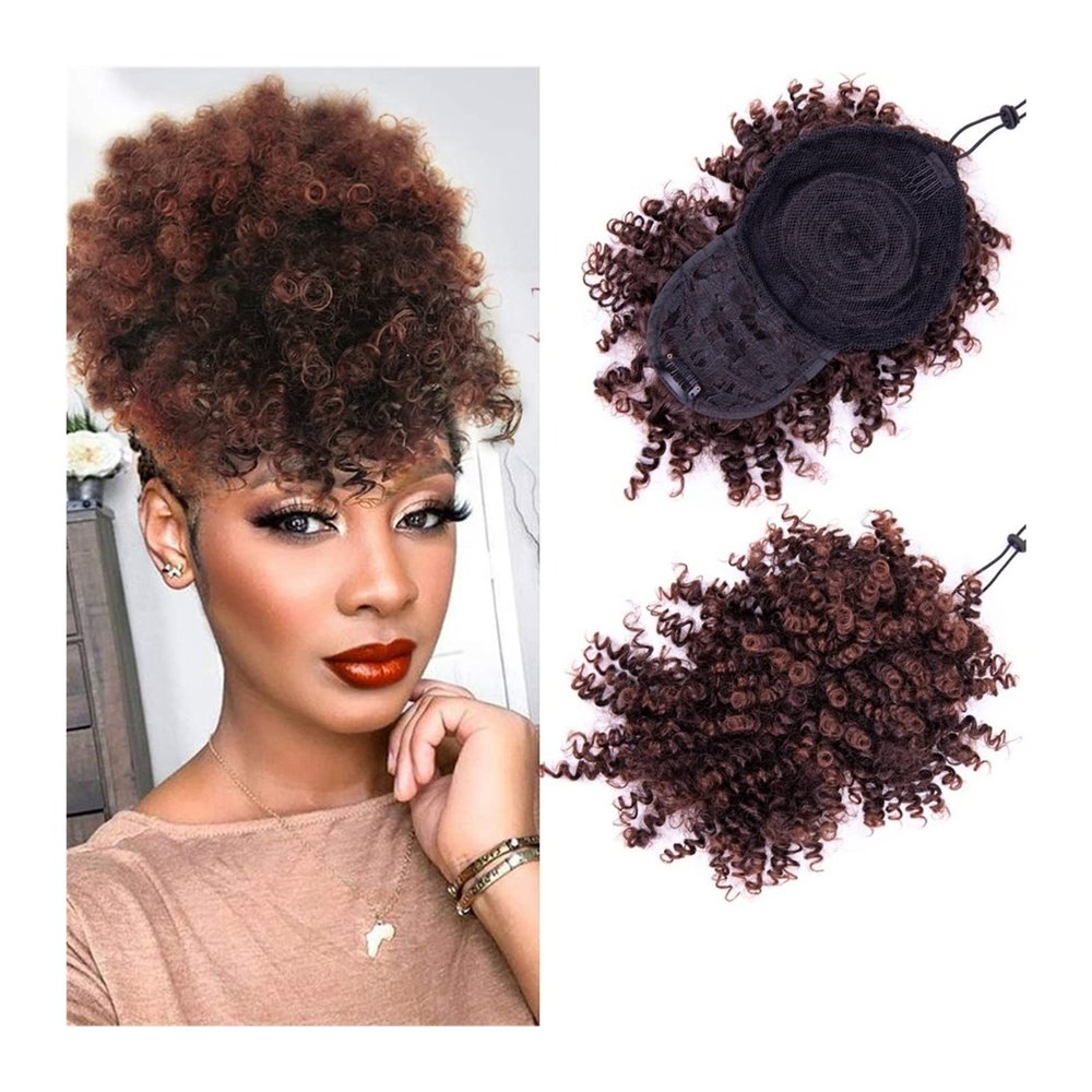 Afro Kinky Curly Drawstring Ponytail Bun with Bangs