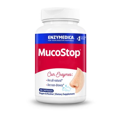 Enzymedica MucoStop, Enzyme Blend, 48 Vegan Capsules, High-Dose, Lab-Tested, Vegetarian, Soy-Free, Gluten-Free, Non-GMO