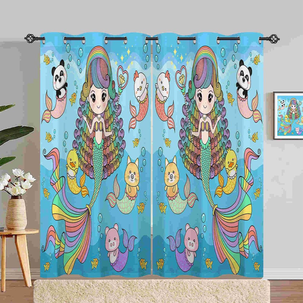 ANHOPE Ocean Mermaid Princess Blackout Curtains, Thermal Eyelet Drapes, 2-Piece Set, H 220 x W 140 cm