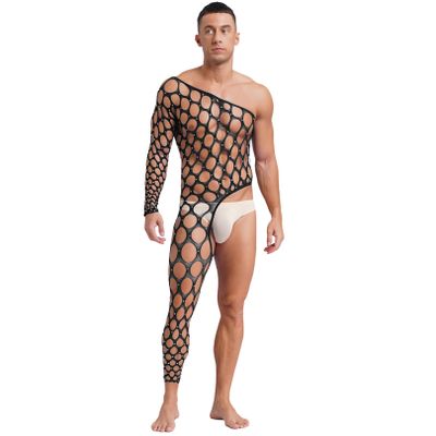 Men's Sheer Mesh Open-Crotch Bodystocking with Rhinestones, Asymmetrical, Black, One Size