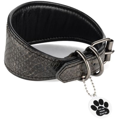 FAVPET Luxury Genuine Leather Greyhound Collar with QR Code Tag, Wide Soft Leather, Gray, M