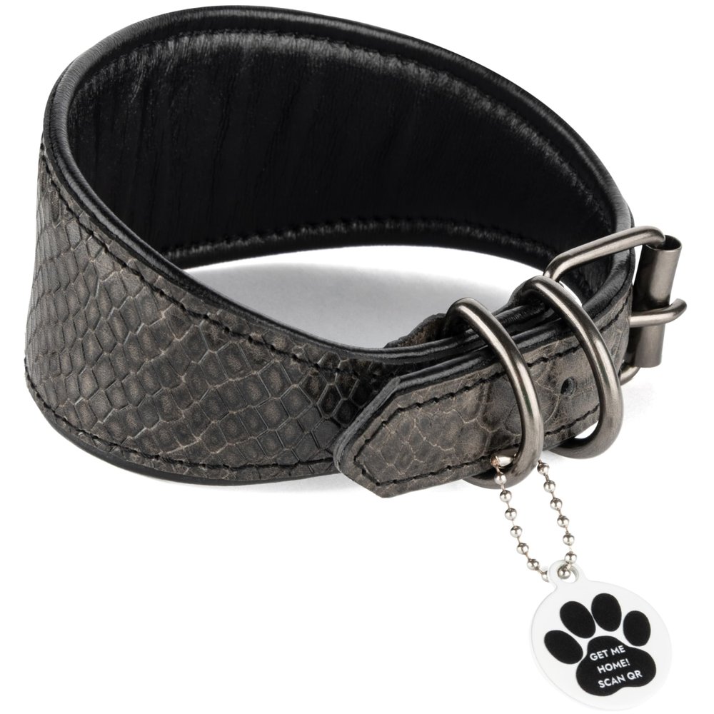 FAVPET Luxury Genuine Leather Greyhound Collar with QR Code Tag, Wide Soft Leather, Gray, M