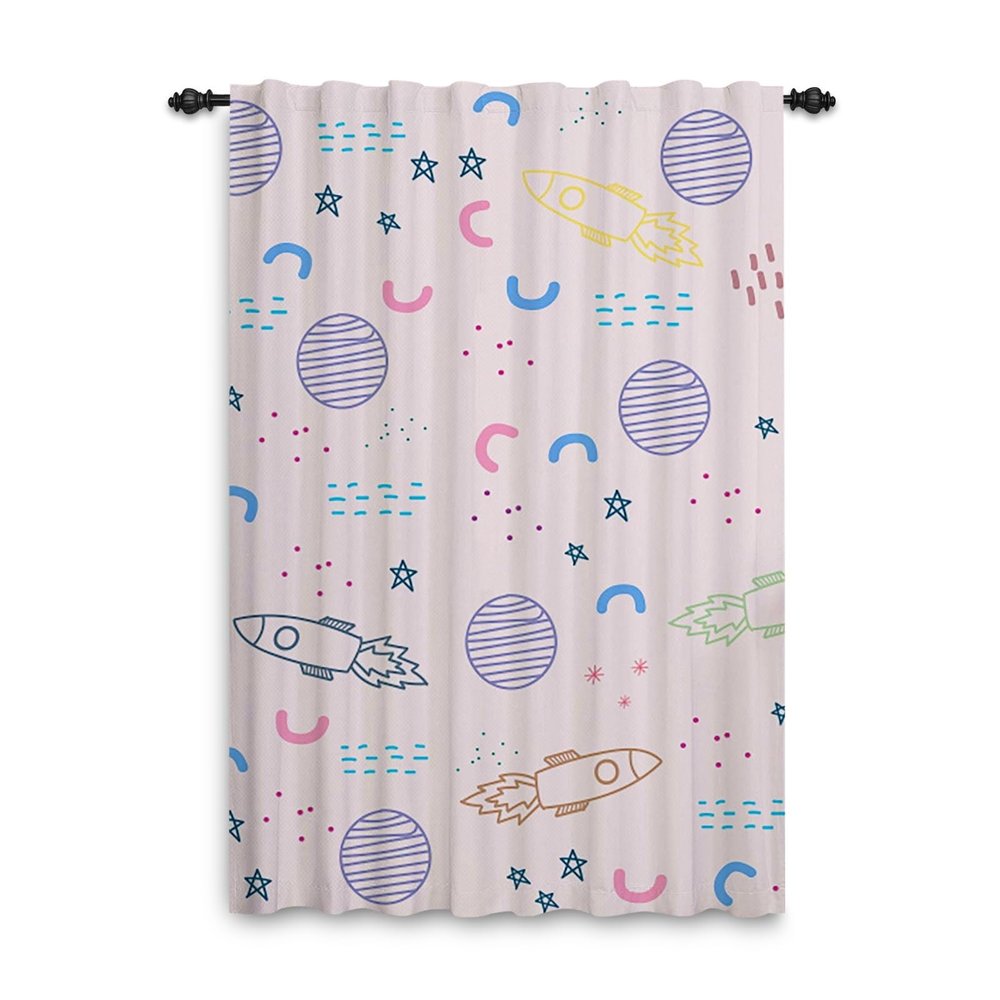 ggaimwf Space Curtains for Kids' Rooms, Rocket and Planet Star Pattern, Pencil Pleat, Rod Pocket, 107 x 160 cm, 1 Panel