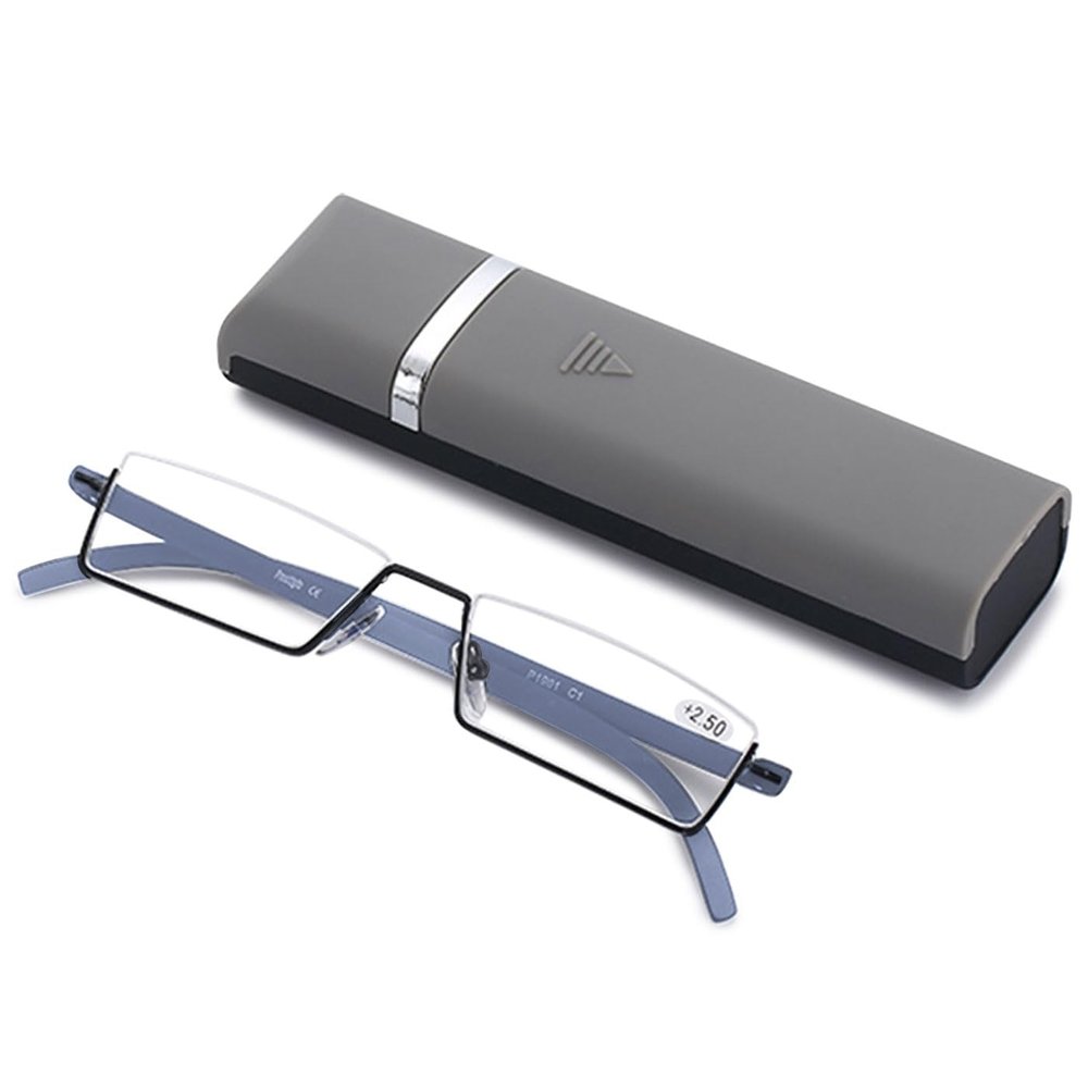 ABETOS Slim Reading Glasses for Men and Women, Ultra-Light TR90 Half-Rim Blue-Light Filter, Compact Rectangular, with Case, Gray +1.25