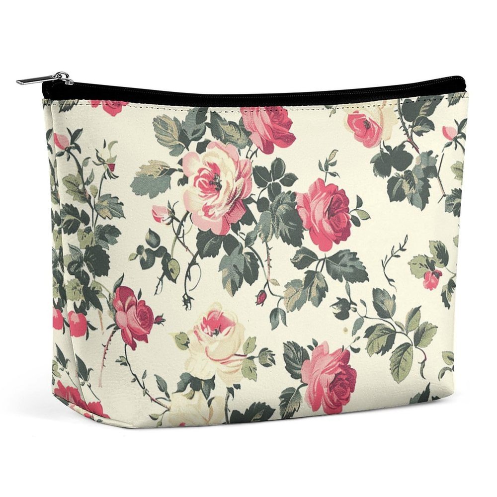 OURTEV Women's Cream Rose Pattern Makeup Bag