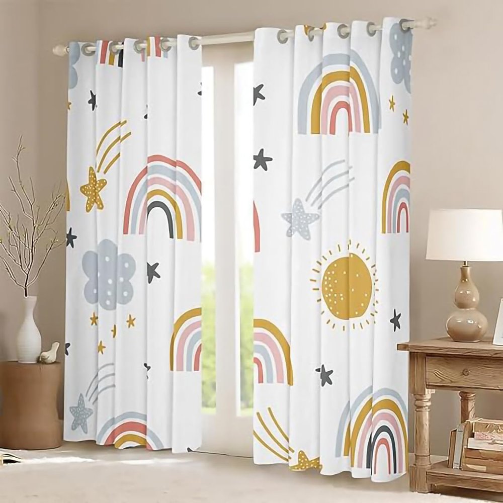 Cartoon Rainbow Blackout Curtains with Sun and Star Design, 280 x 245 cm