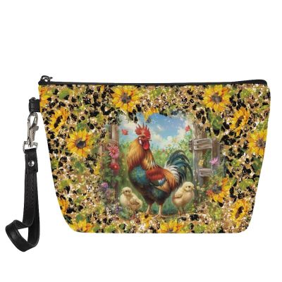 HUGS IDEA Women's PU Leather Makeup Bag with Sunflower Rooster-Chicken Print