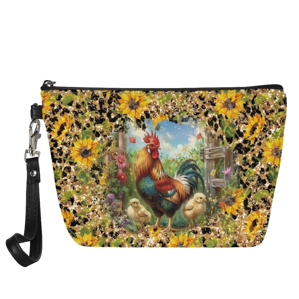 HUGS IDEA Women's PU Leather Makeup Bag with Sunflower Rooster-Chicken Print