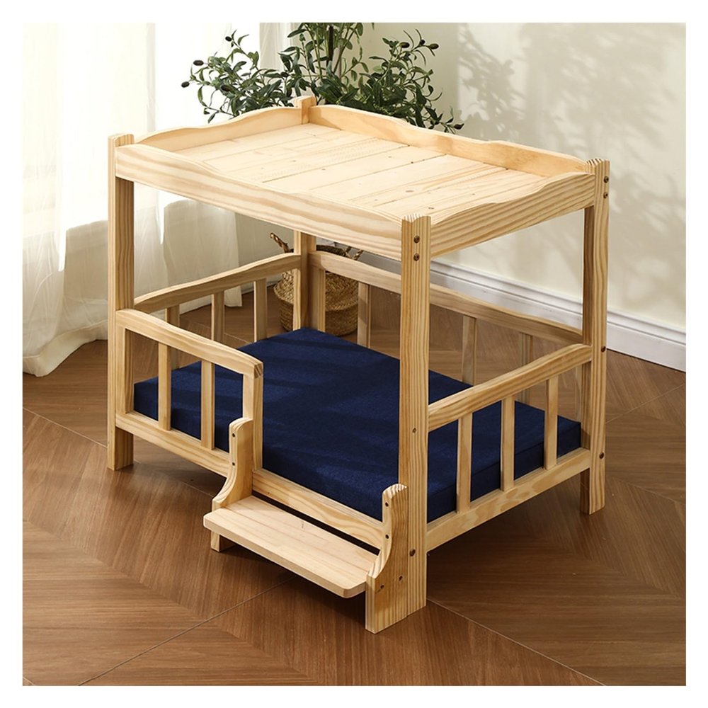 XPLKQXE Elevated Wooden Pet Bed, Blue, 53 x 38 x 73 cm