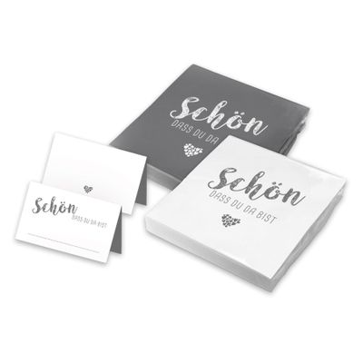 itenga Table Decoration Set – “Nice That You’re Here” Napkins, 40 3-Ply Napkins and 48 Matching Place Cards, Gray and White