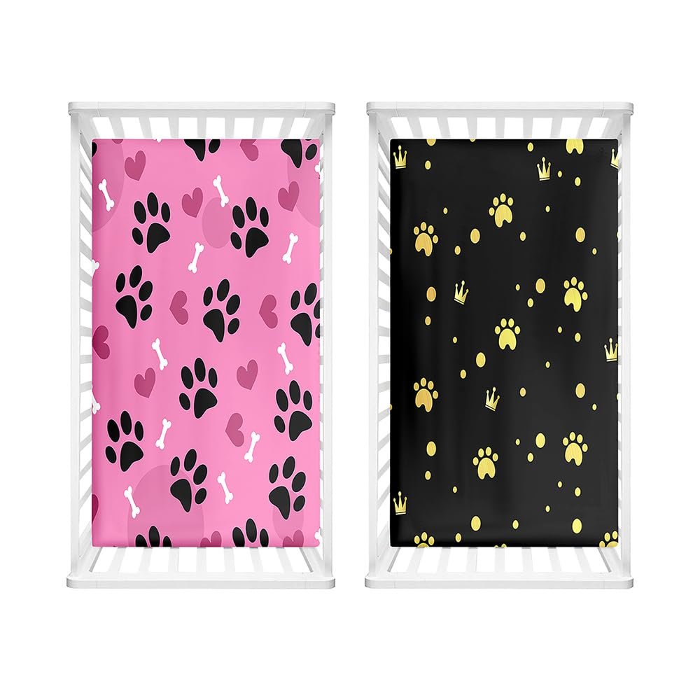 Hiseng 2-Pack Baby Fitted Sheets for Square and Oval Mattresses, Soft Microfiber Sheets for Bassinet and Stroller Mattresses (Dog Paw, 10.51 x 85 cm)