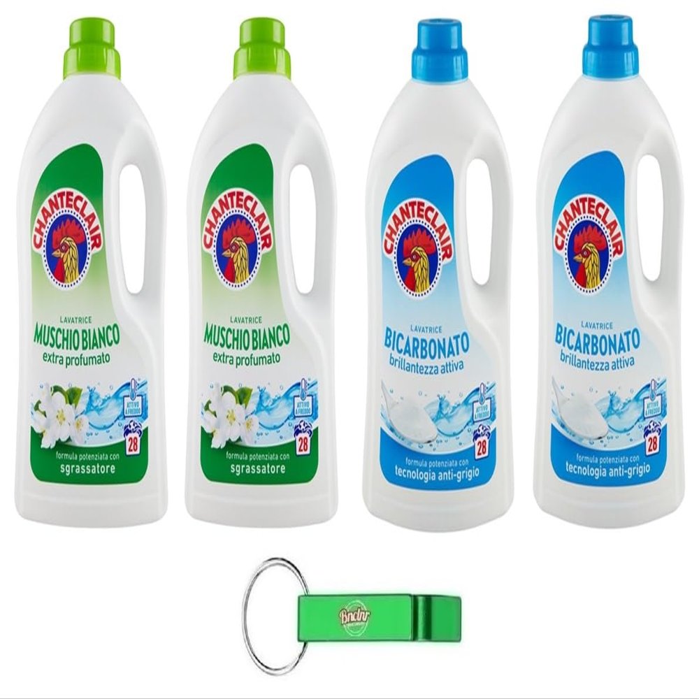 4x Chanteclair Lavatrice White Musk + Bicarbonate Trial Pack, Liquid Laundry Detergent, 28 Washes, 1,260 ml + Free Beni Culinari Keychain