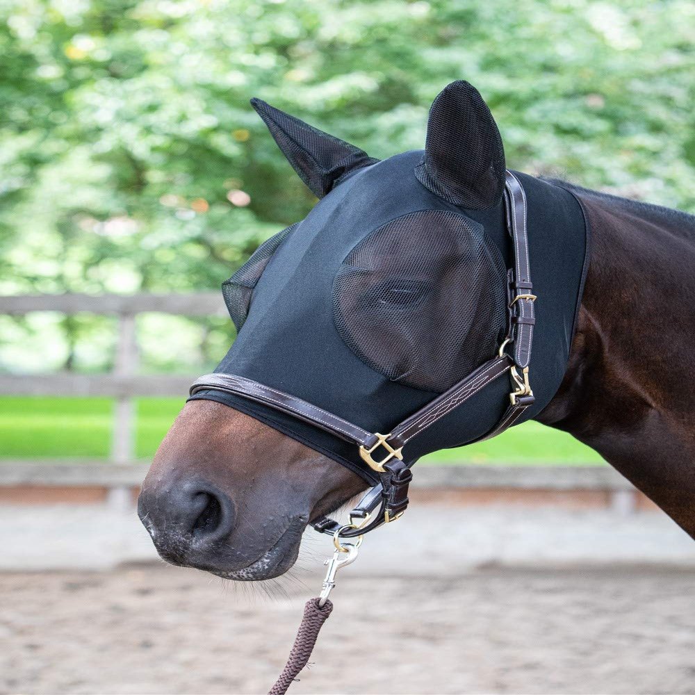 Black Lycra SkinFit Fly Mask with Ear Protection for Horses