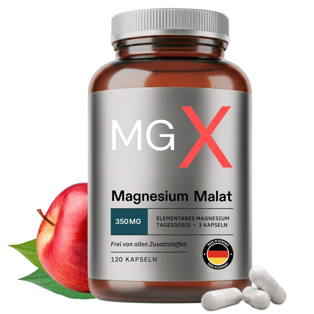 MGX Magnesium Malate Capsules, 120 Count in Glass Jar, Pure, Vegan, Made in Germany