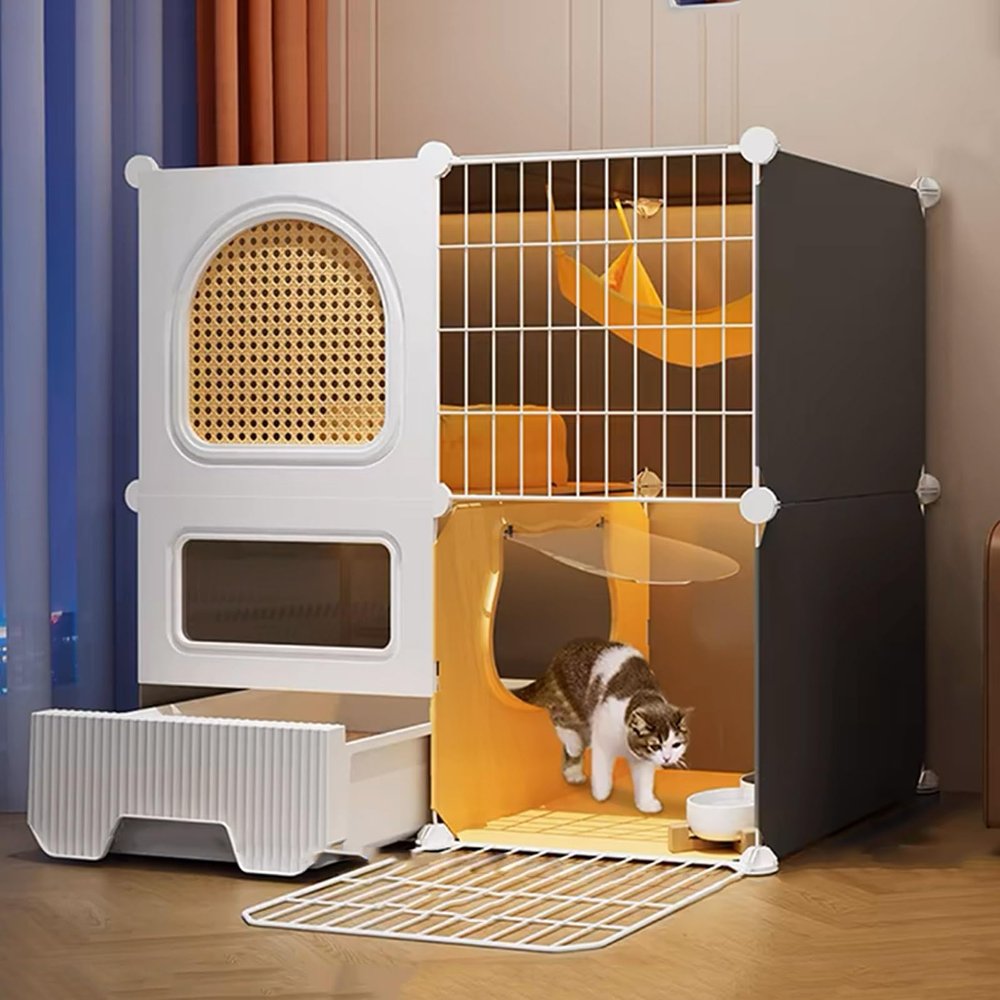 GUAWJRZDP 2/3-Tier Indoor Cat Cage, DIY Cat Playpen with Litter Box, Rattan-Style Mesh Door, Cat House, for 1–3 Cats (29.5 x 15.4 x 28.7 in)