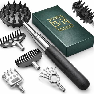 Extendable Back Scratcher, 5 Detachable Heads, Reinforced Stainless Steel Handle