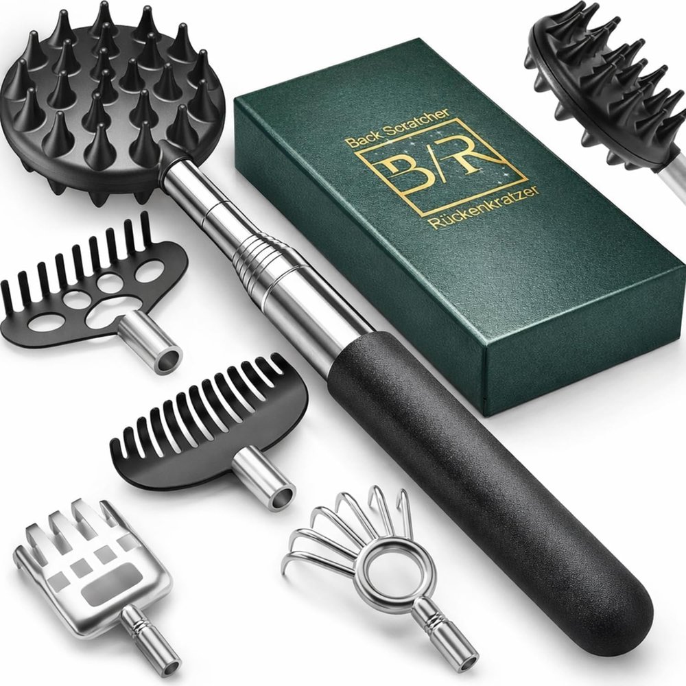 Extendable Back Scratcher, 5 Detachable Heads, Reinforced Stainless Steel Handle