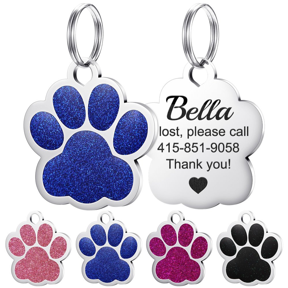 GISUREY Paw-Shaped Engraved Dog Tag with Glitter