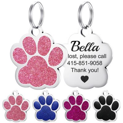 GISUREY Paw-Shaped Engraved Dog Tag with Glitter