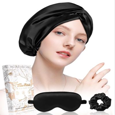 Miss Adola 19 Momme Mulberry Silk Sleep Bonnet for Women with Scrunchie and Eye Mask, Dark Black