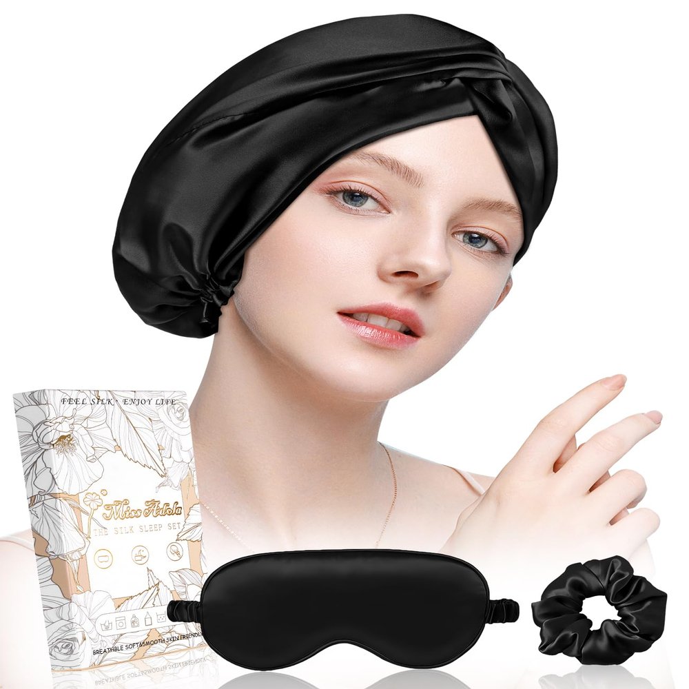 Miss Adola 19 Momme Mulberry Silk Sleep Bonnet for Women with Scrunchie and Eye Mask, Dark Black
