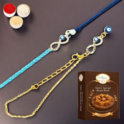 Ghasitaram Gifts Jaiccha Evil Eye Bhaiya Bhabhi Rakhi Set, RMJ-6012, with 200 g Besan Barfi