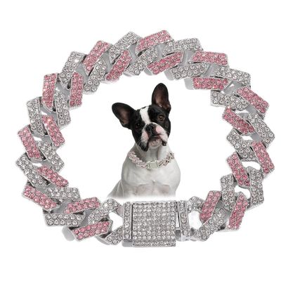 Pink Rhinestone Cuban Link Dog Collar, 10 in