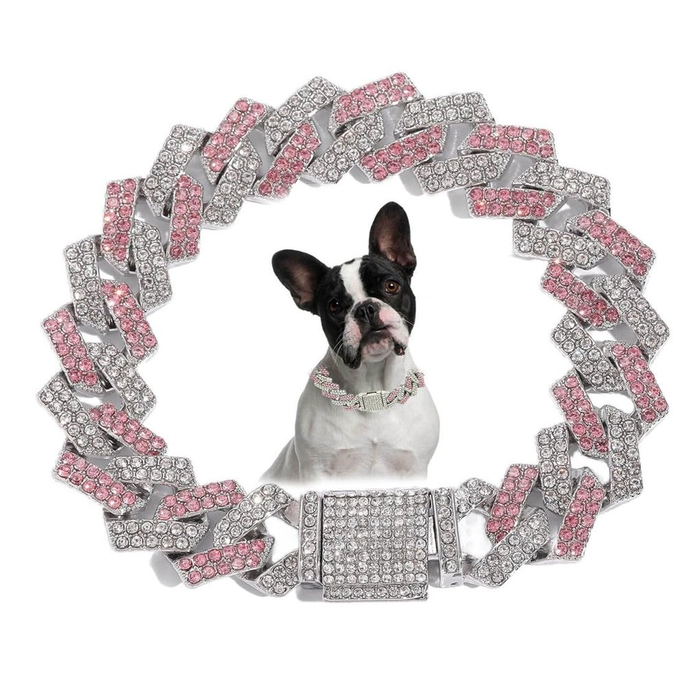 Pink Rhinestone Cuban Link Dog Collar, 10 in